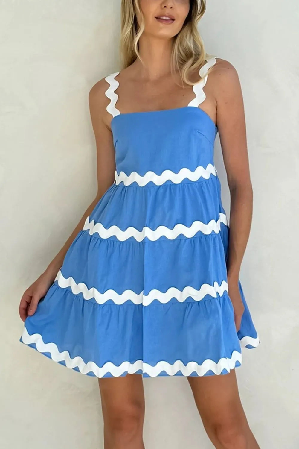 Square Neck Tiered Dress with Contrast Trim - Opaque 100% Polyester, Non-Stretch, Ruched Design