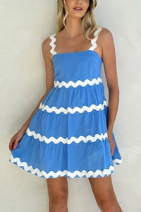 Contrast Trim Square Neck Tiered Dress Blue