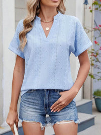 Trendy Eyelet Notched Short Sleeve Top in 65% Rayon - Stylish & Versatile Women's Wear - Store 42