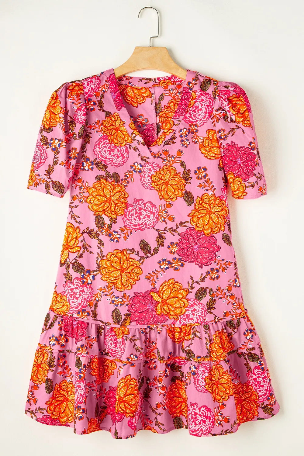 Trendy Ruffled Printed Mini Dress with Short Sleeves - 100% Cotton, Opaque Design