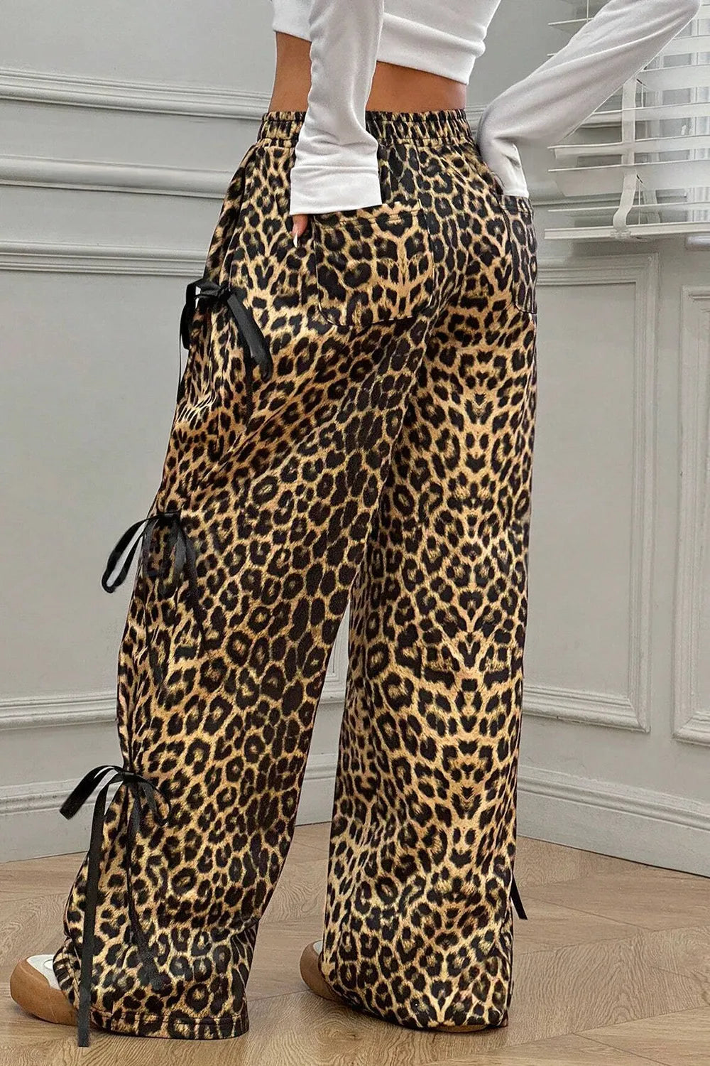 Trendy Leopard Print Bow Tie Elastic Waist Pants for Women - Opaque Fabric, Casual Chic Style