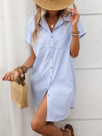 Striped Button Down Short Sleeve Mini Dress