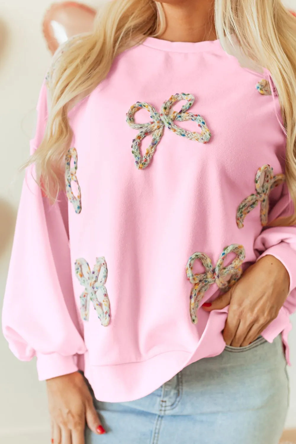 Trendy Bow Round Neck Long Sleeve Sweatshirt - Slightly Stretchy, Opaque, Cozy Material