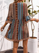 Lace Trim Printed V-Neck 3/4 Sleeve Dress