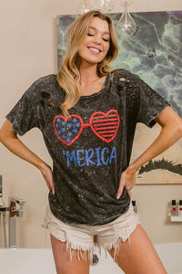 BiBi 4th Of July Theme Mineral Washed Laser Cut Top - Store 42