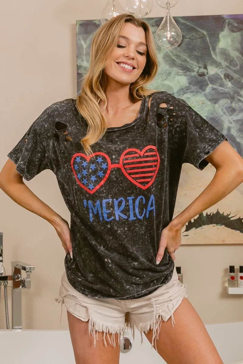 BiBi 4th Of July Theme Mineral Washed Laser Cut Top - Store 42