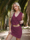 Openwork V-Neck Top and Skirt Knit Cover Up Set Deep Purple