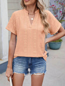 Trendy Eyelet Notched Short Sleeve Top in 65% Rayon - Stylish & Versatile Women's Wear - Store 42