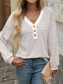 Striped V-Neck Button Front Casual Top