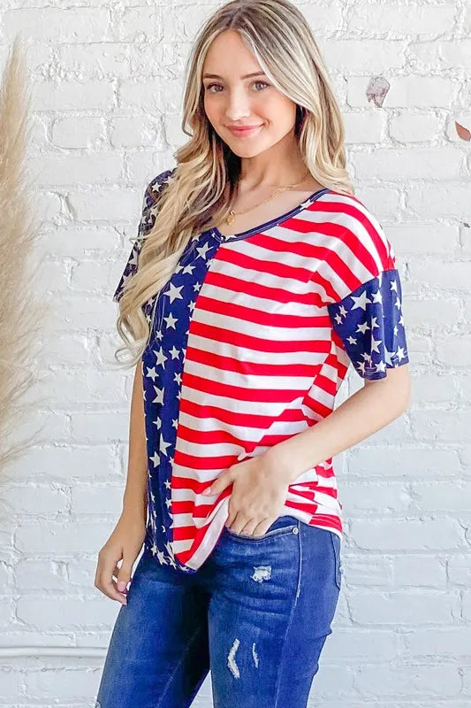 Patriotic American Flag Short Sleeve Top with Pocket - Casual Summer Style