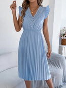 Lace Detail Ruffled Cap Sleeve Pleated Dress