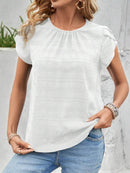 Slightly Stretchy Round Neck Ruched Petal Sleeve Top - 95% Polyester, 5% Spandex - Store 42