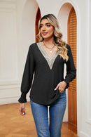 Stylish Contrast Flounce Sleeve Blouse - Opaque, Slightly Stretchy, Perfect for Casual Outings - Store 42