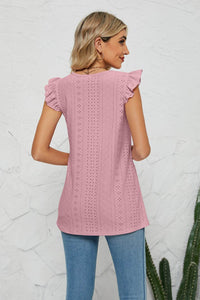 Trendy Smocked Round Neck Eyelet Top with Cap Flutter Sleeves - Casual Long Length Blouse - Store 42
