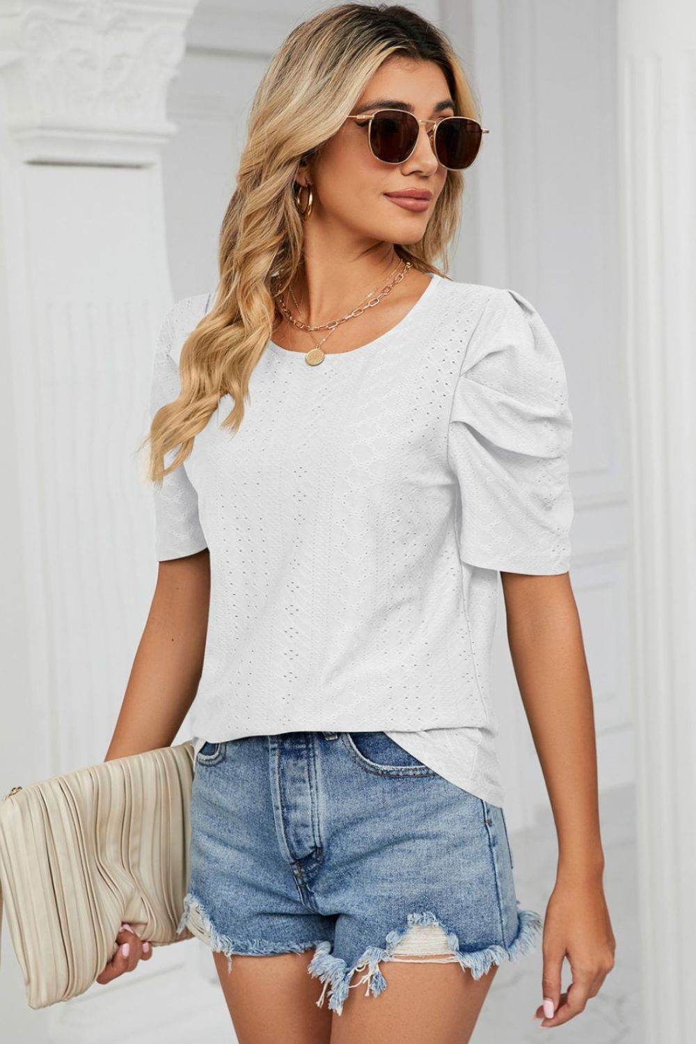 Trendsi Eyelet Puff Sleeve Blouse - Casual Round Neck Top for Every Occasion - Store 42