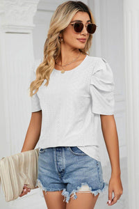 Trendsi Eyelet Puff Sleeve Blouse - Casual Round Neck Top for Every Occasion - Store 42