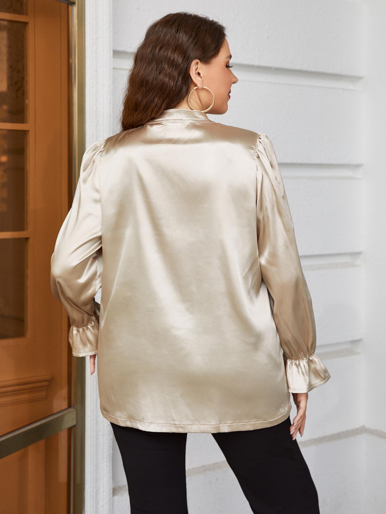 Chic Plus Size Band Collar Shirt With Flounce Sleeves - Solid Casual Style