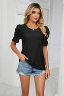 Trendsi Eyelet Puff Sleeve Blouse - Casual Round Neck Top for Every Occasion - Store 42