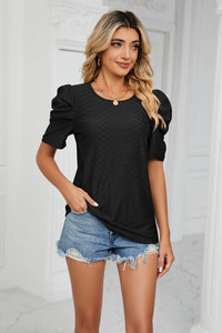 Trendsi Eyelet Puff Sleeve Blouse - Casual Round Neck Top for Every Occasion - Store 42