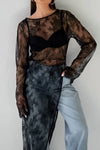 Fringe Round Neck Long Sleeve Lace Sheer Top Black