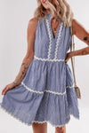 Stripe Sleeveless Notched Ric Rac Mini Dress Light Blue