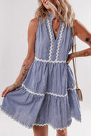 Stripe Sleeveless Notched Ric Rac Mini Dress Light Blue