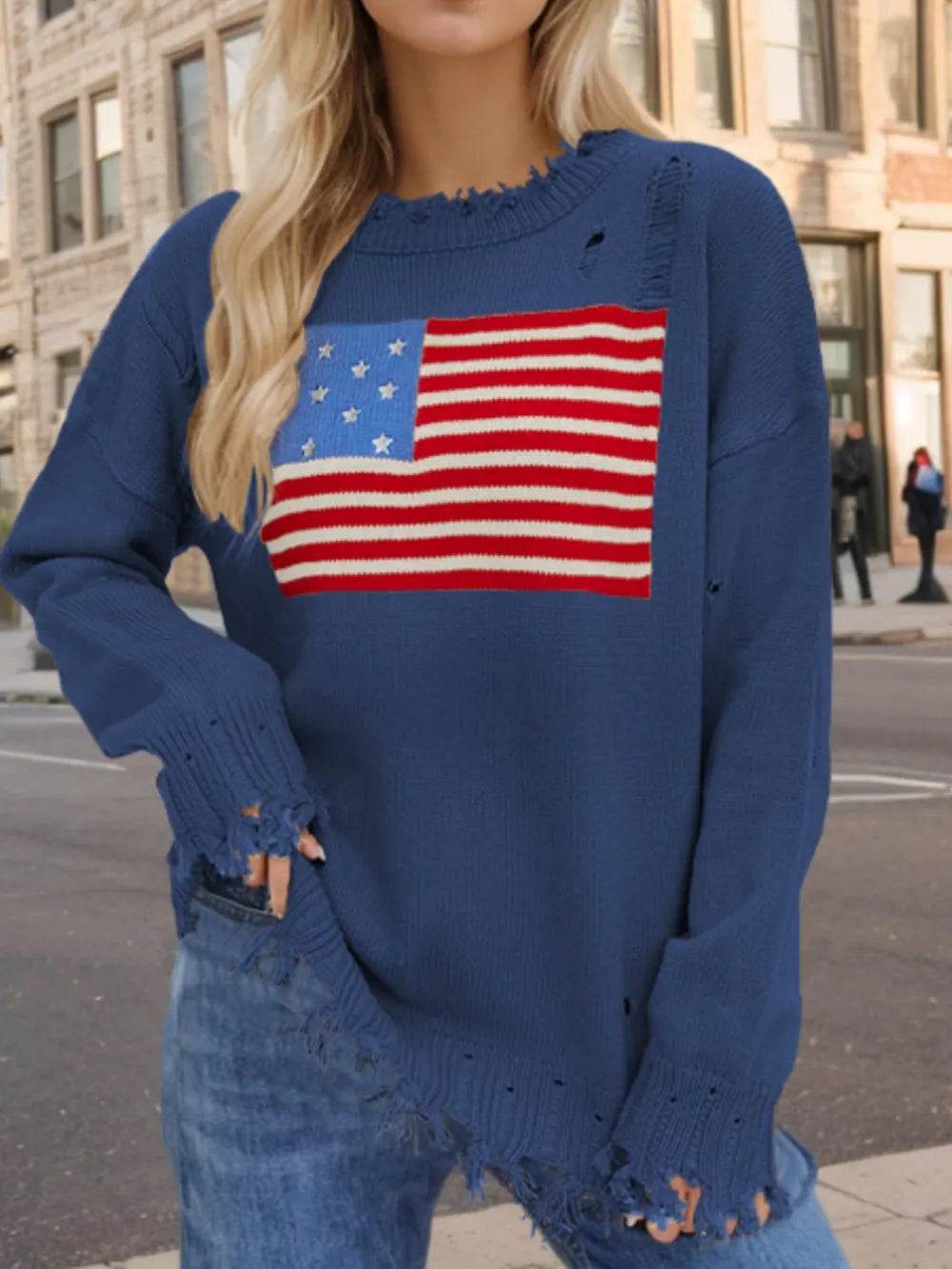 Distressed US Flag Long Sleeve Sweater for Women - 100% Acrylic, Moderate Stretch - Store 42