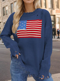 Distressed US Flag Long Sleeve Sweater for Women - 100% Acrylic, Moderate Stretch - Store 42