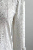 Trendy Eyelet V-Neck Blouse with Flounce Sleeves - Opaque, Highly Stretchy, Lined - 100% Polyester - Store 42
