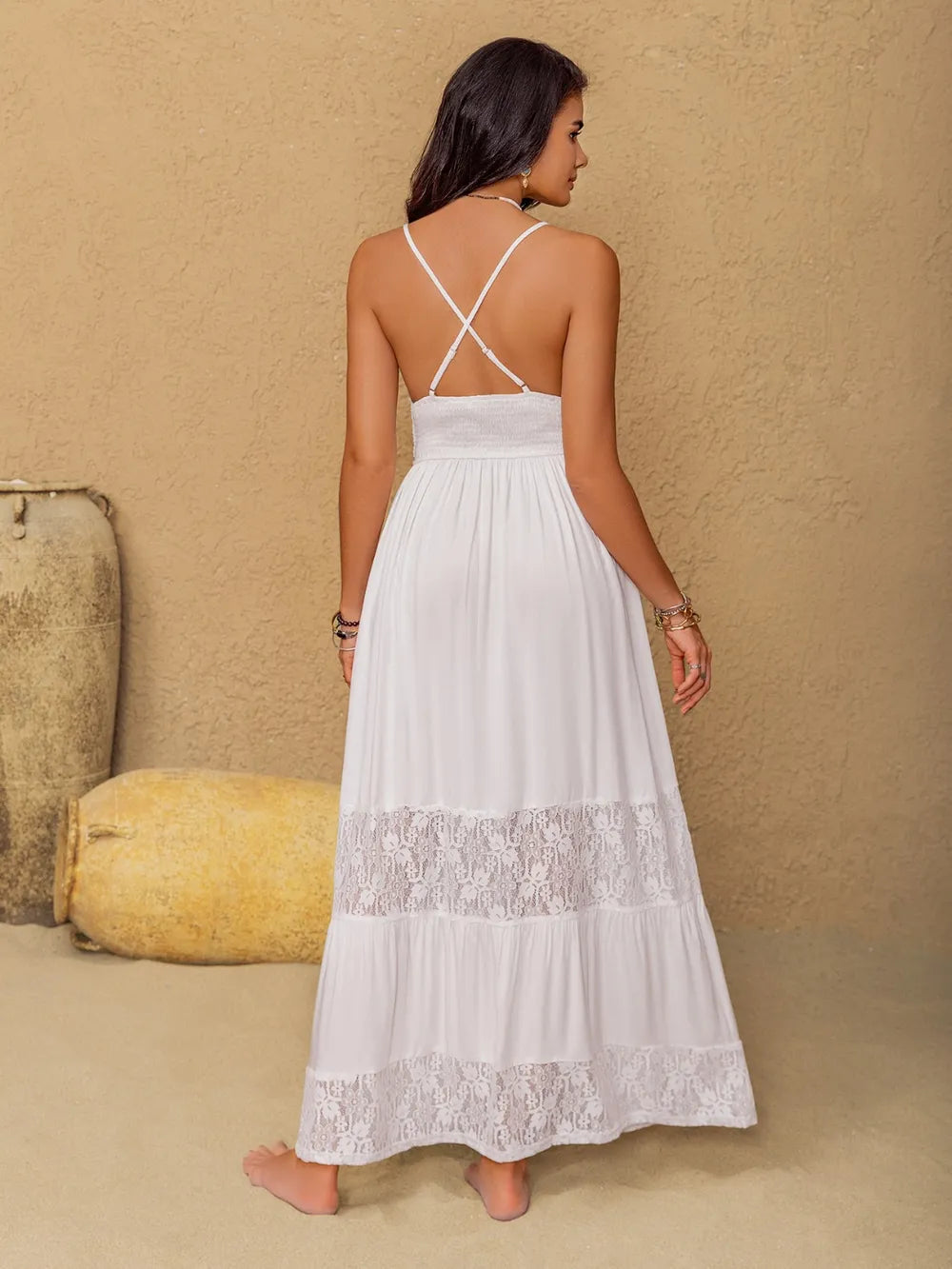 Elegant Lace Detail Crochet Tiered Maxi Cami Dress - Semi-Sheer, 100% Viscose