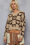 POL V-Neck Heart Pattern Checkered Sweater MOCHA BROWN