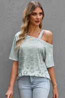 Leopard Print Asymmetrical Neck Cold-Shoulder Blouse with Short Sleeves - Casual Chic Style - Store 42