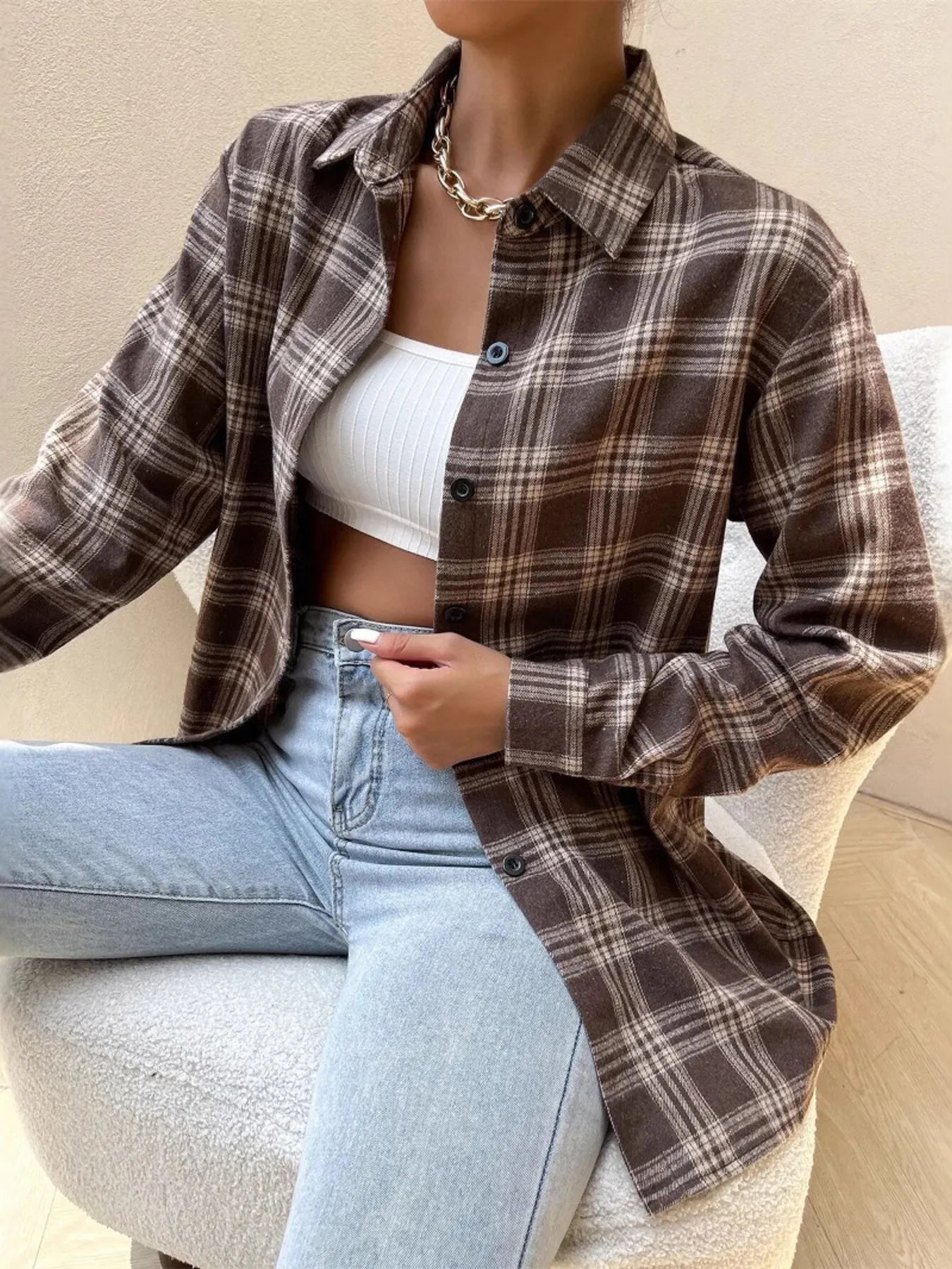 Oversized Plaid Button-Up Shirt