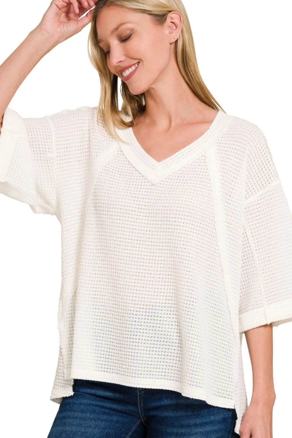 Zenana Cream V-Neck Waffle Knit 3/4 Sleeve Top with Exposed Seams - Oversized & Stylish