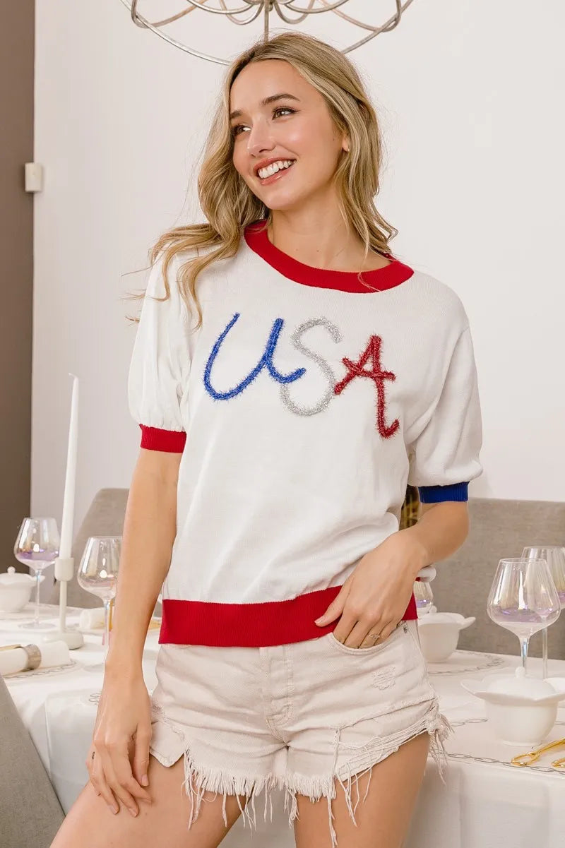 USA Metallic Letter Color Block Knit Top - Trendy & Comfortable 100% Cotton Fashion