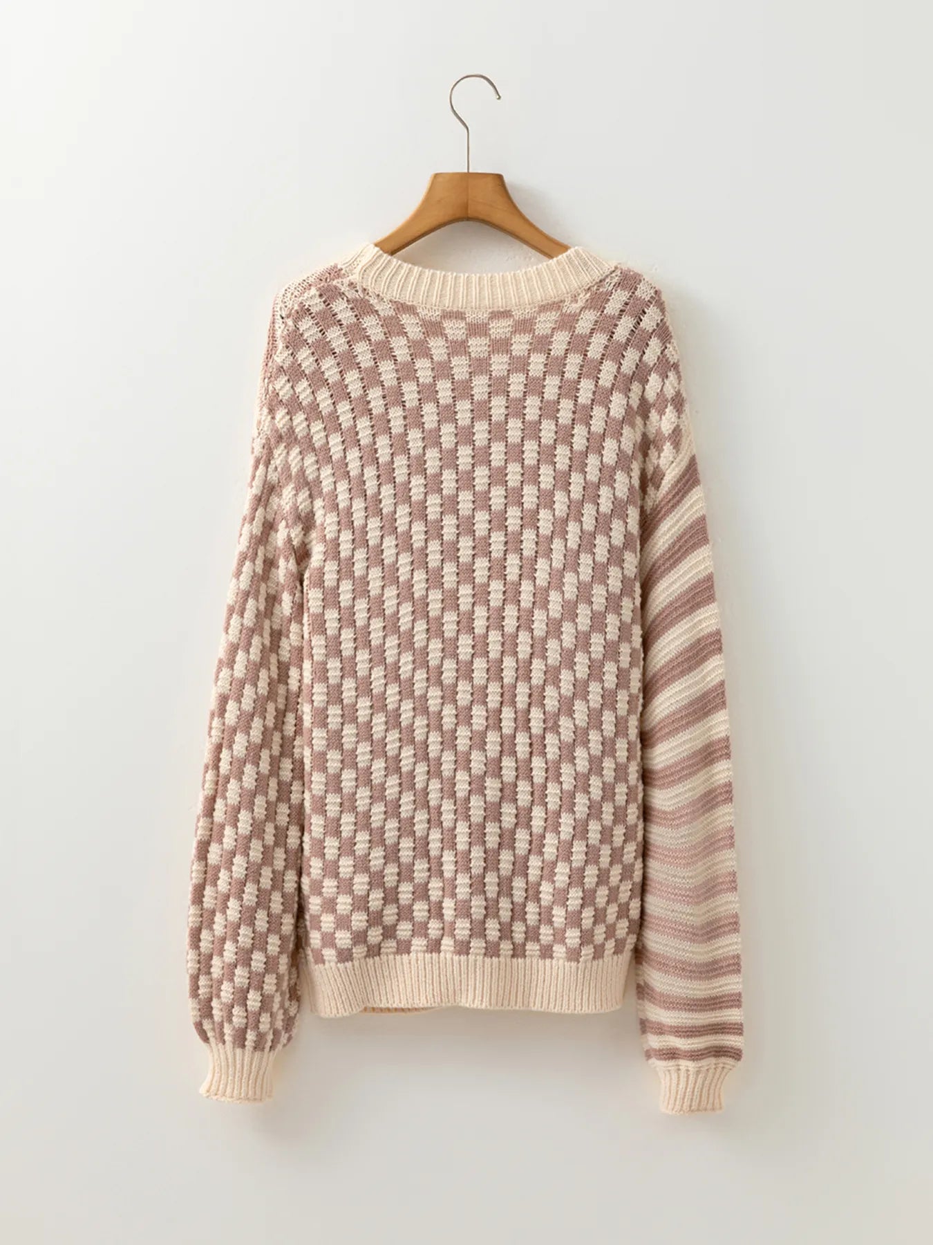 Stripe Checkerboard Drop Shoulder Balloon Sleeve Sweater