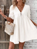 V-Neck Tie-Front Mini Dress with Puff Sleeves White