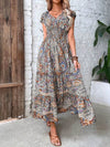 Trendy Plus Size V-Neck Midi Dress with Frill and Smocked Details, 100% Polyester - Store 42