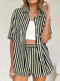 Striped Button Up Shirt and Shorts Set Black