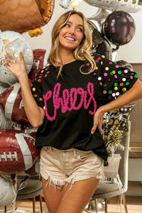 BiBi Metallic Letter Spangle Raglan Puff Sleeve Top - Store 42