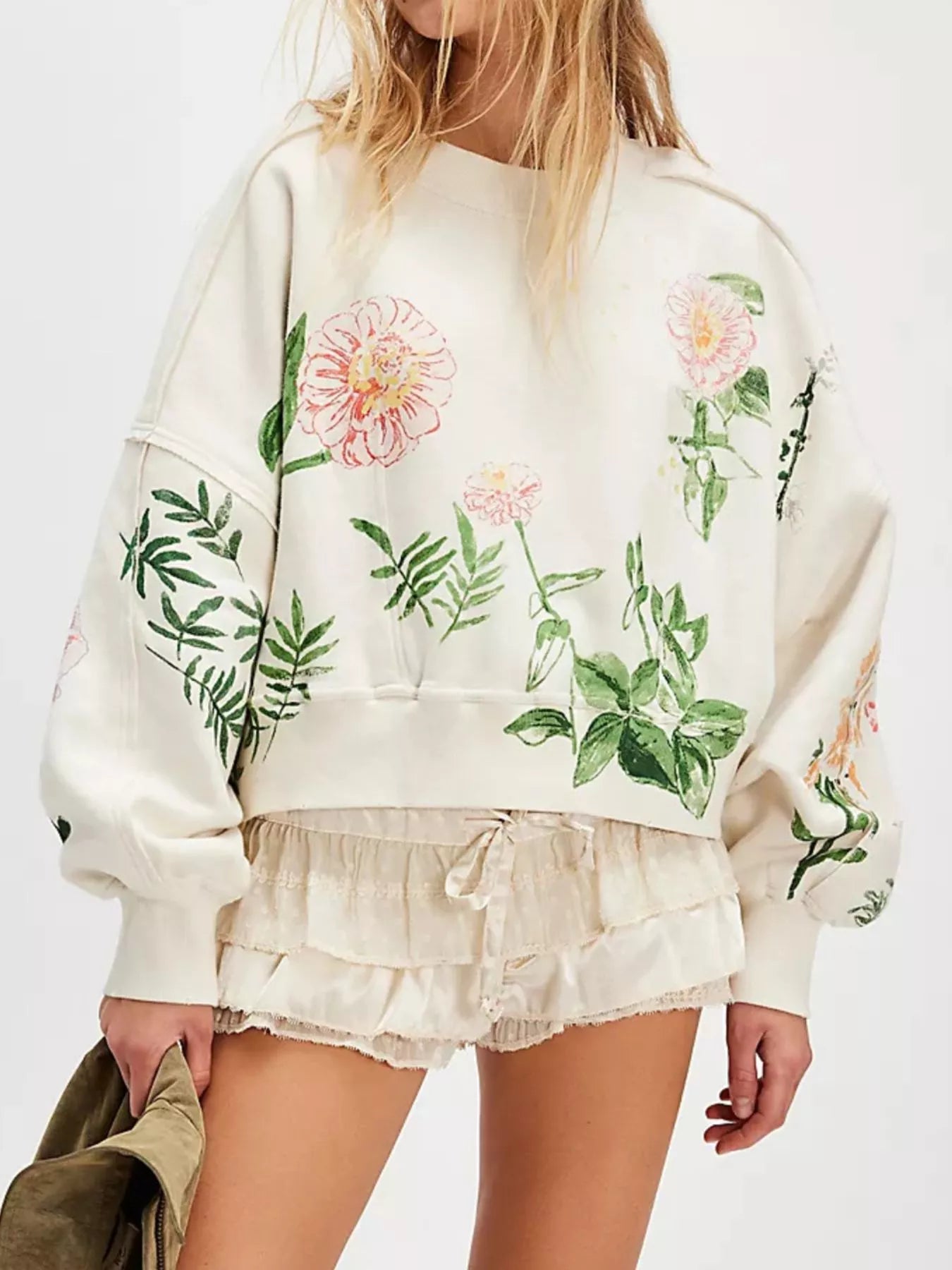 Oversized Printed Round Neck Sweatshirt with Dropped Shoulders - 100% Polyester Comfort