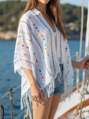 Openwork Fringe Open Front Knit Cape