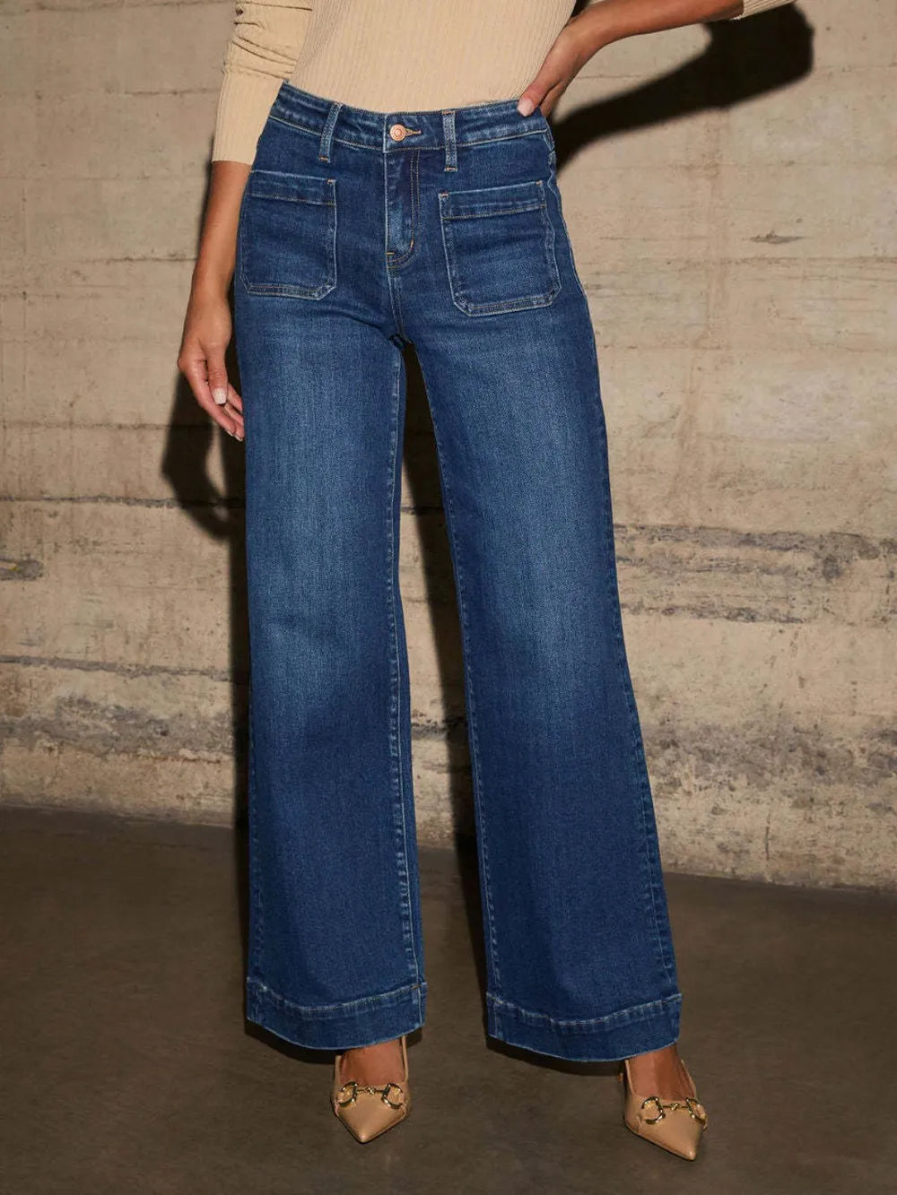 Trendy High Rise Wide Leg Jeans with Front Pocket - Slightly Stretchy & Comfortable Fit