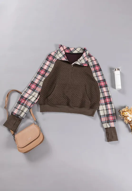 Plaid Half Zip Long Sleeve Sweatshirt with Pocket - Stylish and Slightly Stretchy Fabric
