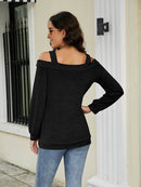 Trendy Cold Shoulder Cutout Blouse with Square Neck - Slightly Stretchy Cotton-Polyester Blend - Store 42