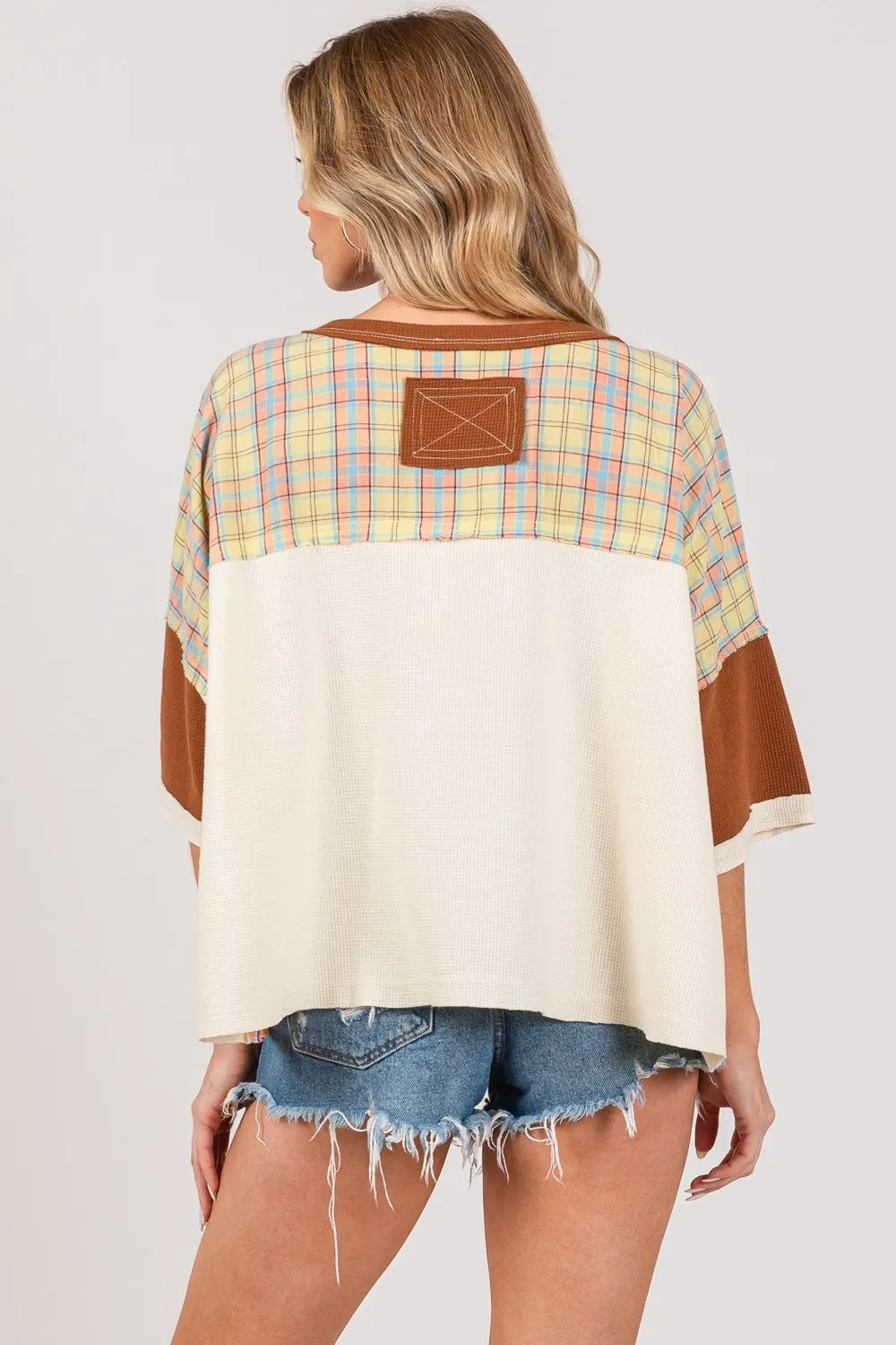 SAGE + FIG Full Size Round Neck Plaid Star Patch T-Shirt Plus Size