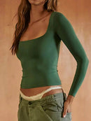 Sleek Square Neck Fitted Long Sleeve T-Shirt - Slightly Stretchy Polyester Blend - Store 42