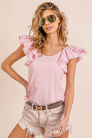 BiBi Wide Layered Ruffle Sleeve Scoop Neck Ribbed Top - Store 42