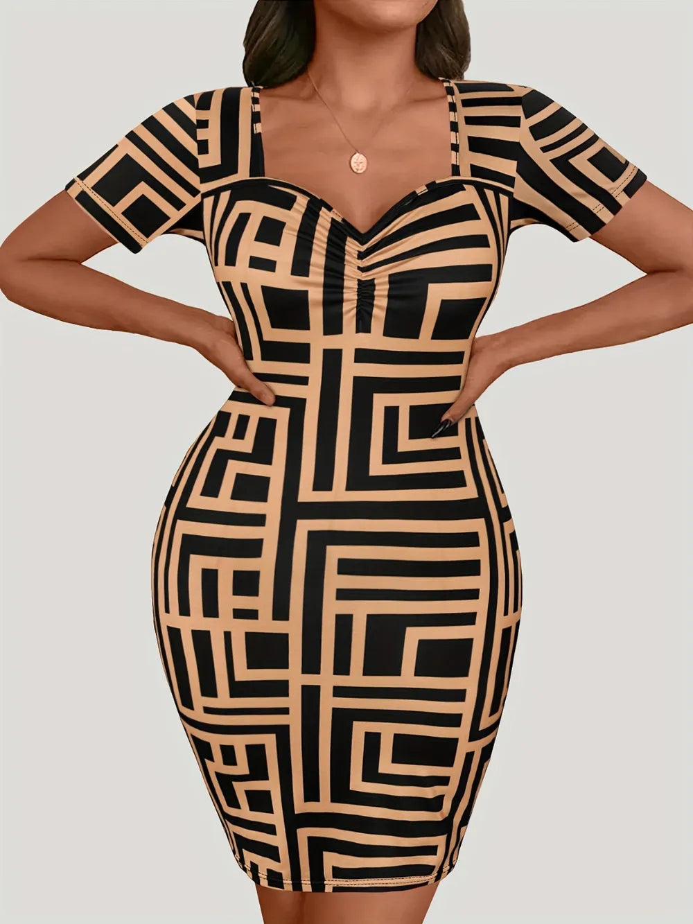 Plus Size Sweetheart Neck Mini Dress with Short Sleeves - Slightly Stretchy & Opaque