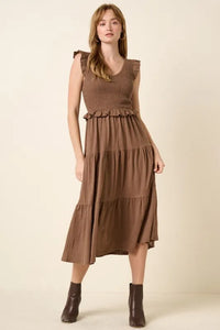 Mittoshop Smocked Ruffled Tiered Midi Dress Brown